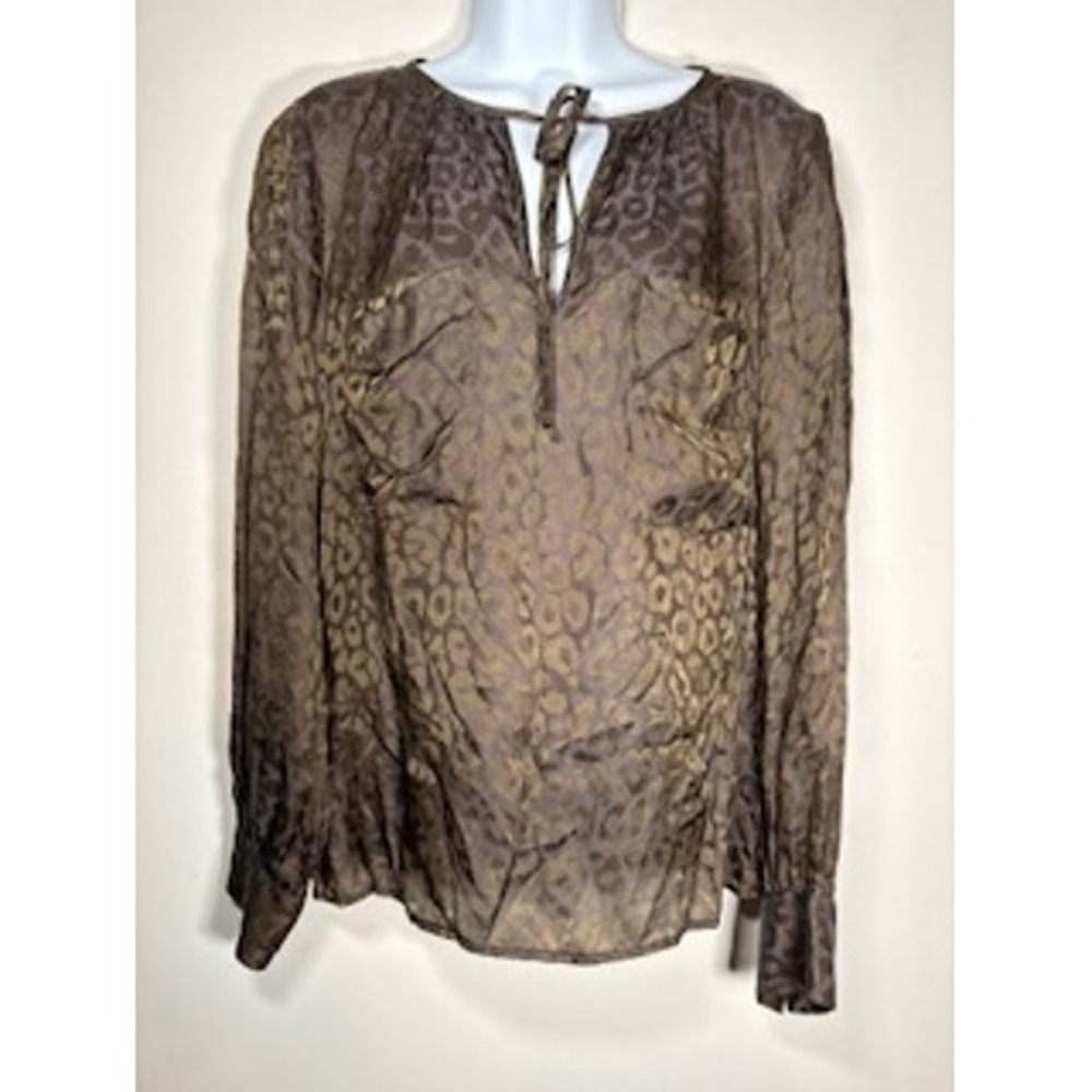 BCBGMAXAZRIA Joss Blouse Small Cocoa Brown Leopard Print Silk Blend Tie Neck Top